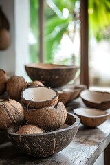 Scenic display coconut shells arranged casually on a daytime tabletop.