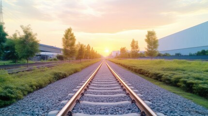 Fototapeta premium Empty train tracks stretching into a golden sunset. Lush green vegetation borders the tracks, and industrial buildings are visible in the background. Peaceful and tranquil scene