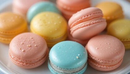 Obraz premium Pastel Macarons on White Plate, Closeup - Pastel Colors: The image .