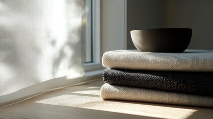 Soft textiles and a simple bowl on a windowsill