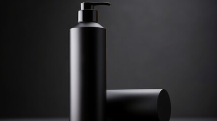 Minimalist Black Dispenser Bottle and Cylinder on a Dark Backdrop Displaying Sleek Aesthetic Elegance