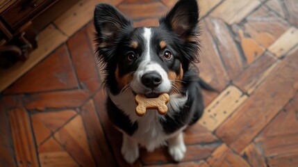 Puppy with a bone on a wooden floor.