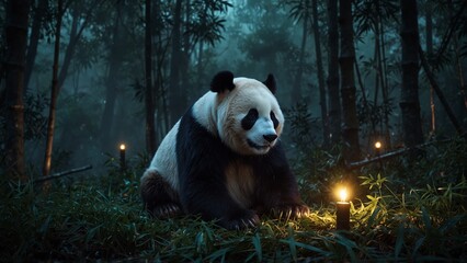 A ghostly panda with glowing spectral fur, resting beneath a haunted bamboo forest.