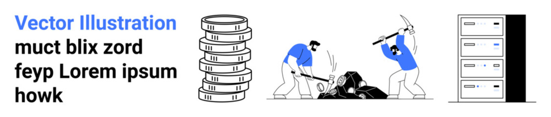 People mining data using tools, stack of databases, connected servers. Ideal for technology, big data, teamwork, business, software, development simple landing page