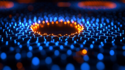 Vibrant 3D Abstract Hexagonal Pattern with Glowing Circles in a Futuristic Setting