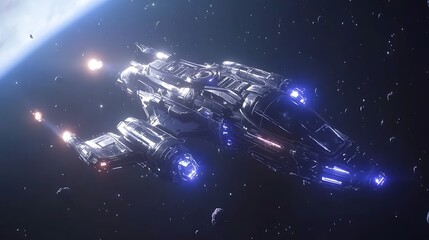 A futuristic spacecraft cruises in deep space near a large planet