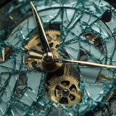 Shattered Time Antique Clock with Damaged Glass and Exposed Gears Representing Temporal Breakdown