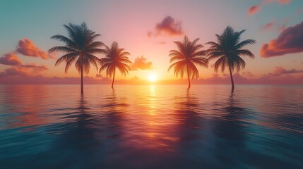 Tropical sunset, ocean palms