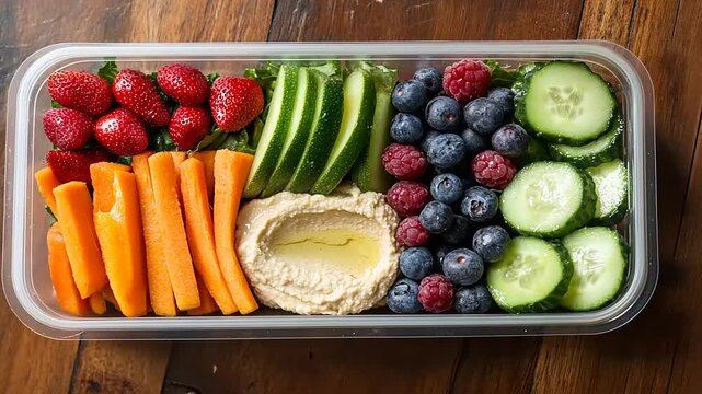 Fresh vegetable and fruit platter with hummus on a wooden table, ideal for healthy snacking