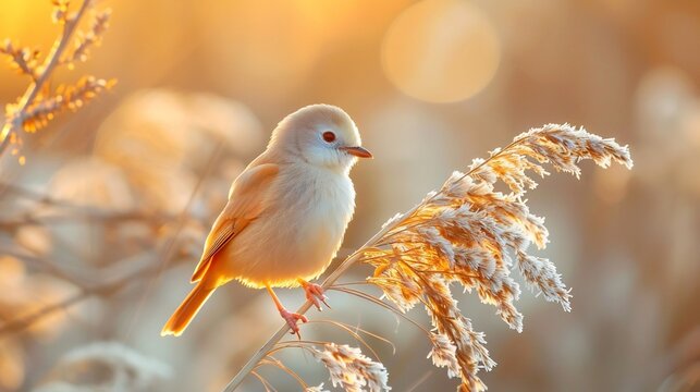 Golden parrotbill perched a reed tiny delicate yellow plumage glowing under soft golden sunrise light blurred background enhancing depth