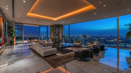 Obraz premium Luxurious penthouse interior showcasing captivating cityscape at twilight