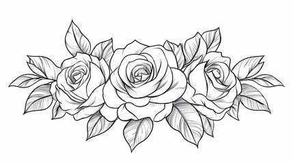 Three roses bouquet, line art drawing, white background, floral design, wedding invitation