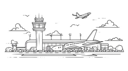 High-Quality Airport Aircraft Lineart Black and White Vector Illustration for Professional Use