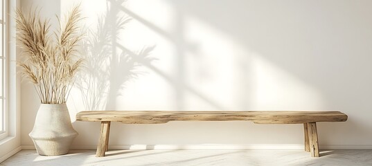 A beautiful rustic bench placed on the left side of a hallway, with plenty of space on the right for branding, against a plain off-white background.