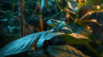 A blue-colored exotic animal like a blue frog on a green leaf.