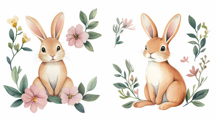 Two cute bunnies surrounded by spring flowers; perfect for Easter cards or children's books