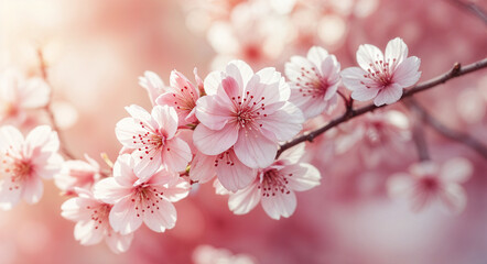 Naklejka premium Blossoming cherry branch with delicate pink flowers in spring sunlight