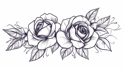 Two roses bouquet, detailed line art drawing, white background, for wedding invitations or floral design