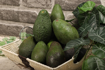 Fresh Ripe Avocados in a Basket with Decorative Greenery