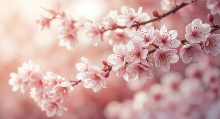 Blossoming Cherry Tree Branch Displaying Delicate Pink Flowers in Spring Sunlight