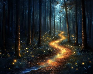 Fototapeta premium A glowing path winds through a mysterious forest setting at night