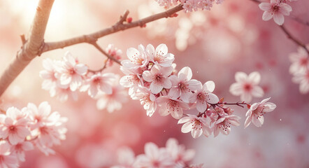 Obraz premium Blossoming Cherry Tree Branch displaying Delicate Pink Flowers in Springtime
