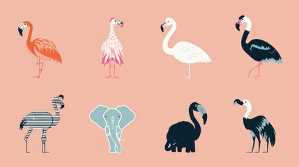 Obraz premium A set of flat, stylized exotic animals on a solid color background.