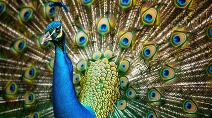 A majestic exotic animal like a peacock displaying its feathers.