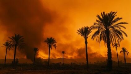 Fototapeta premium A Drab, Fiery Sunset Over a Palm Oasis, Witnessing the Grim Aftermath of a Wildfire's Rage.