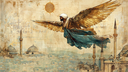 Modern Minimalist Ottoman Miniature of Hezarfen Ahmed Çelebi Flying Over Istanbul