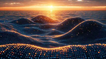 A vibrant glowing wave flows through abstract particles, symbolizing the essence of change and expansion, representing dynamic movement and growth in a modern, evolving world.

