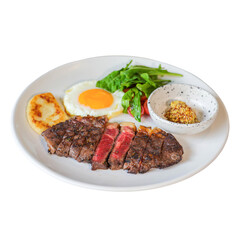 Delicious grilled steak eggs and salad indoor food photography