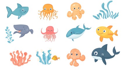 Professional Ocean Animals Set Isolated Flat Cartoon Icons for Various Uses