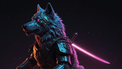 A neon samurai wolf with holographic armor, wielding a plasma katana.