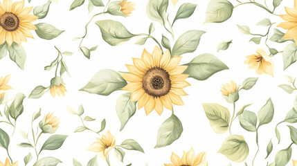 Watercolor sunflowers and leaves seamless pattern, perfect for textile and wallpaper design