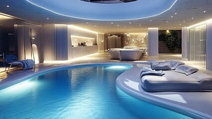 Modern luxury spa interior featuring a tranquil pool, stylish seating, and ambient lighting