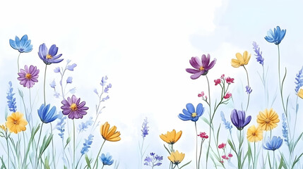 Watercolor wildflowers meadow, summer pastel blooms, soft background, nature greeting card design