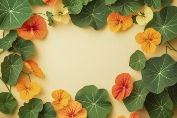 Fototapeta premium Frame of Nasturtium Flowers and Leaves on Pale Yellow Background - Floral Border for Invitations, Cards, Greetings