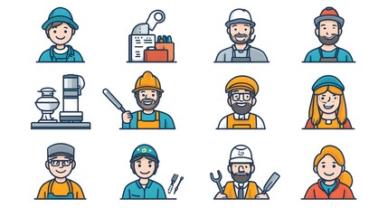 Fototapeta premium Professional set of line design style icons representing various careers and occupations