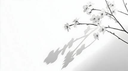White flowers branch shadow minimalist design, spring, nature,  background, website banner