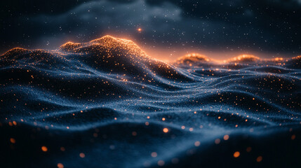 A vibrant glowing wave flows through abstract particles, symbolizing the essence of change and expansion, representing dynamic movement and growth in a modern, evolving world.

