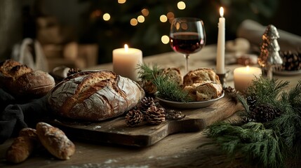 Embracing warmth and togetherness at a rustic wooden Christmas table filled with homemade delights and cozy candlelight