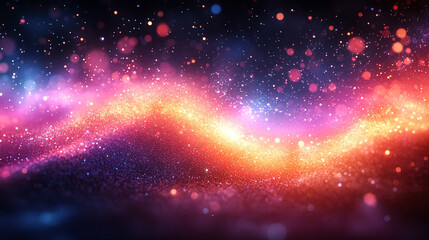 A vibrant glowing wave flows through abstract particles, symbolizing the essence of change and expansion, representing dynamic movement and growth in a modern, evolving world.

