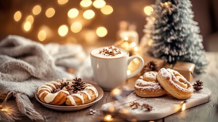 Inviting breakfast table filled with warmth and joy featuring hot cocoa, pastries, and a charming Christmas tree centerpiece