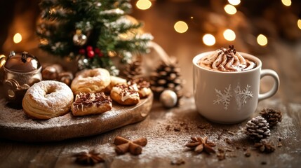 Delightful Christmas breakfast table featuring cozy hot cocoa, mouthwatering pastries, and a charming tree centerpiece amidst twinkling lights