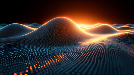 A vibrant glowing wave flows through abstract particles, symbolizing the essence of change and expansion, representing dynamic movement and growth in a modern, evolving world.

