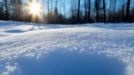 Close-up of snow-covered ground, sun shining through trees