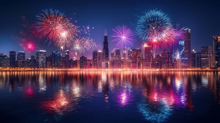 Fototapeta premium Colorful fireworks illuminate the skyline of a vibrant American city during a festive night, creating a dazzling display of light and reflection over the water