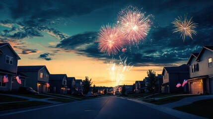 Fireworks burst over peaceful American suburb during vibrant 4th of July celebration with flags adorning homes
