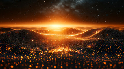 A vibrant glowing wave flows through abstract particles, symbolizing the essence of change and expansion, representing dynamic movement and growth in a modern, evolving world.

